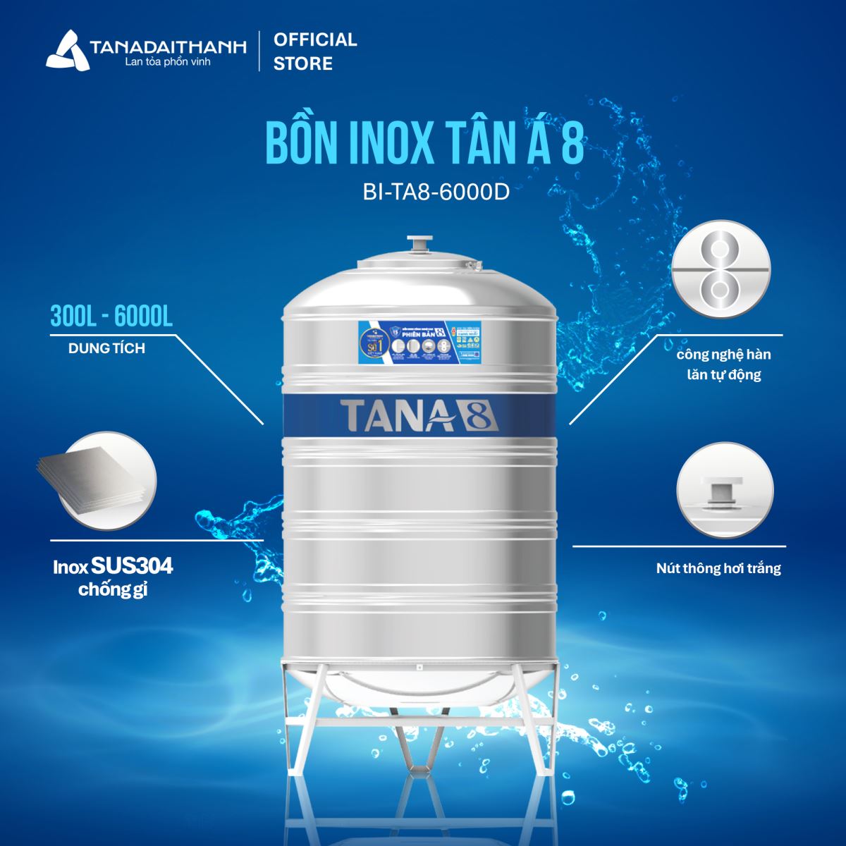 Bồn nước inox tân á 8 đa dạng dung tích sử dụng